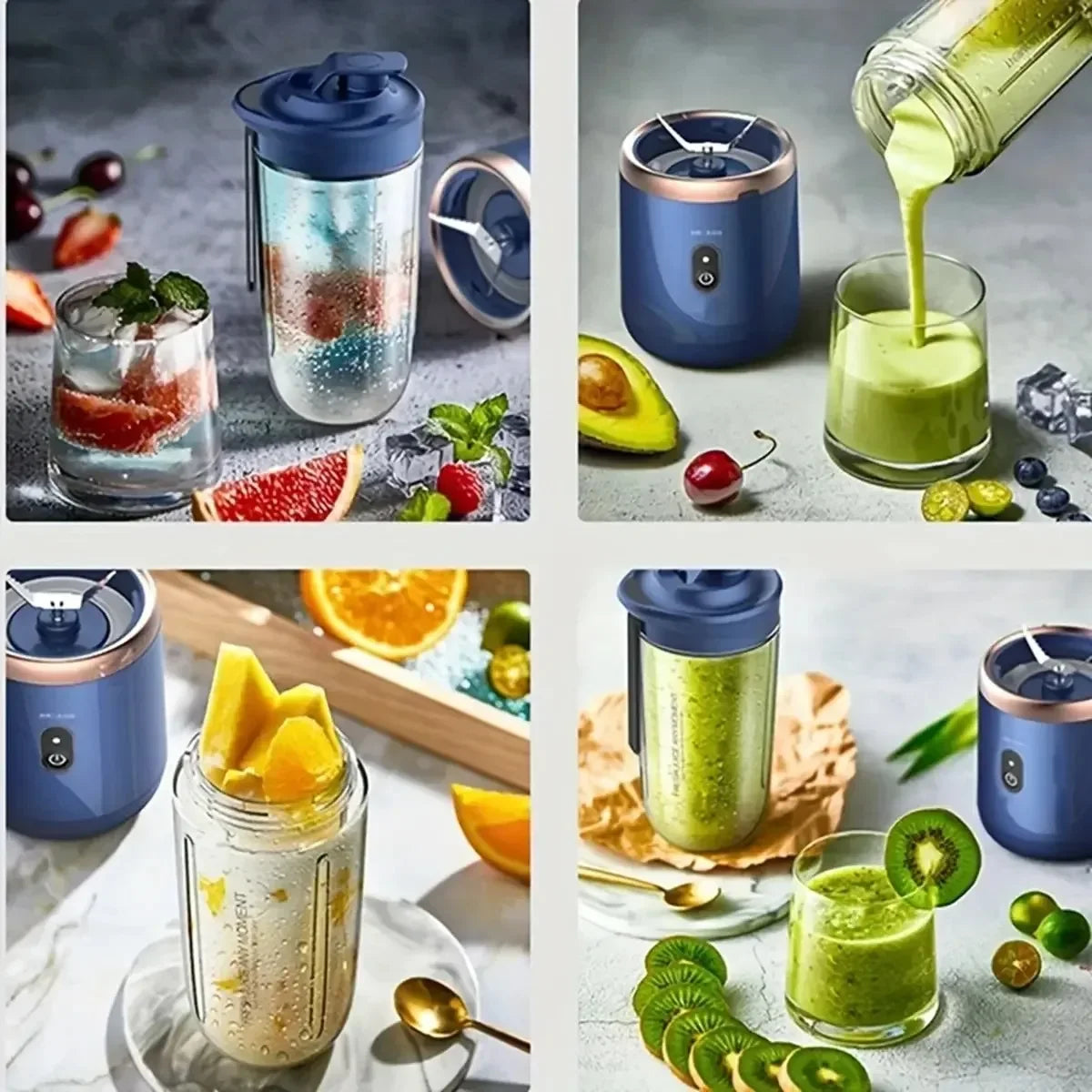 Collage of a blue and silver blender with various ingredients and drinks.