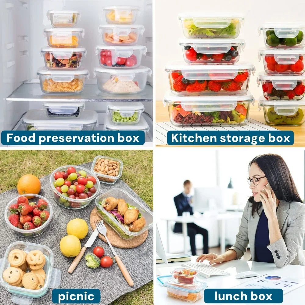 Collage of food preservation, kitchen storage, picnic, and lunch box containers with people using them.