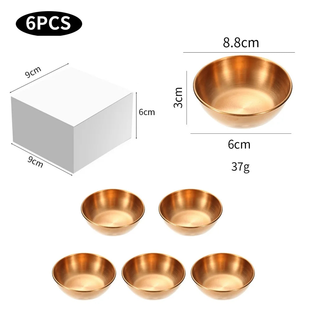 Set of six small bronze bowls with dimensions and weight information on a white background
