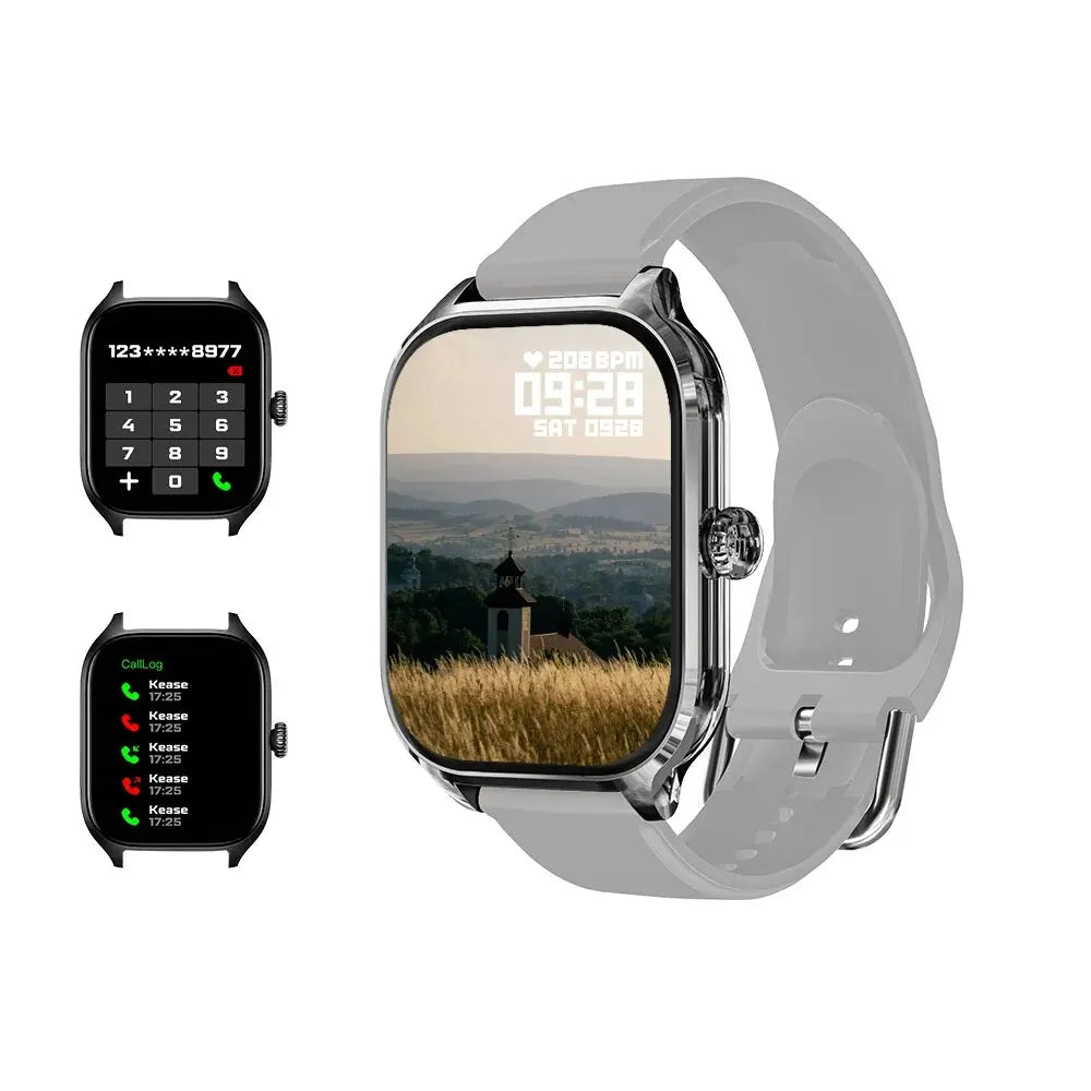 Smartwatch with different display screens on a white background