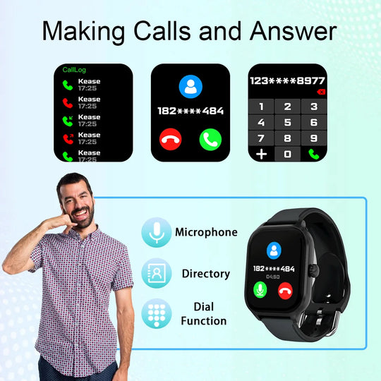 Smartwatch with call interface and user demonstrating phone functions on a light blue background