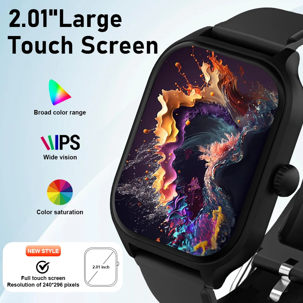 Smartwatch with a large touch screen displaying a colorful abstract design on a light blue background.