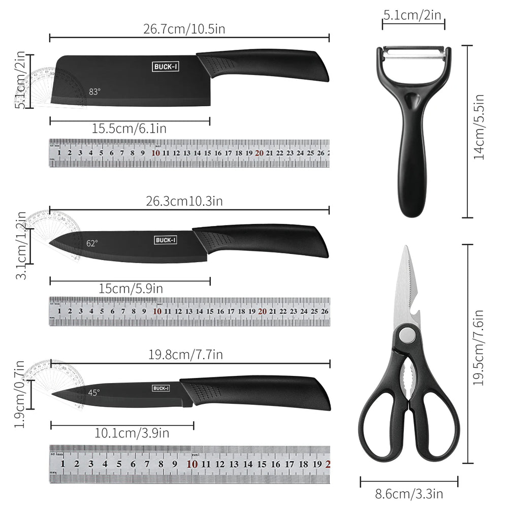 Set of kitchen knives, a peeler, and scissors with measurements on a white background