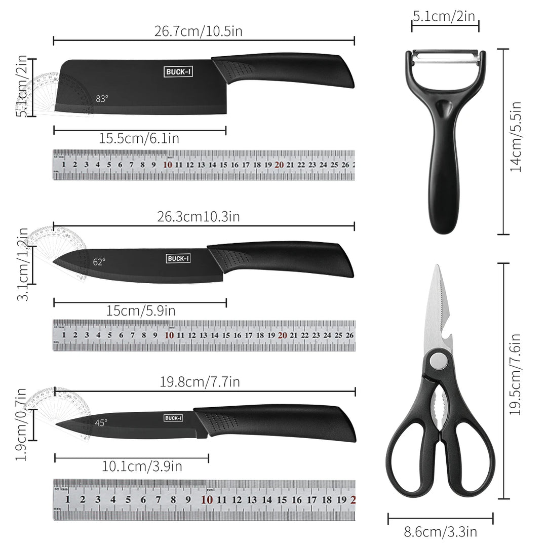 Set of kitchen knives, a peeler, and scissors with measurements on a white background