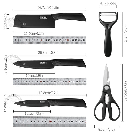 Set of kitchen knives, a peeler, and scissors with measurements on a white background