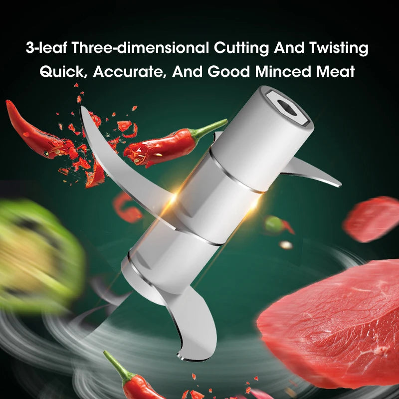 Meat grinder with sliced vegetables and text on a dark background