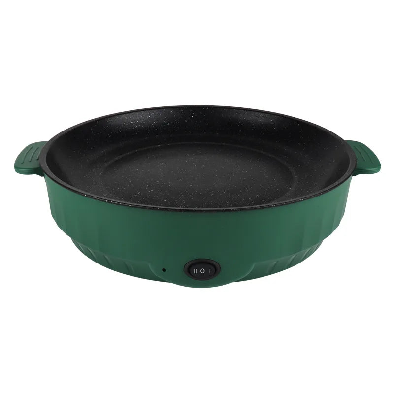 Green electric skillet with black interior on a white background