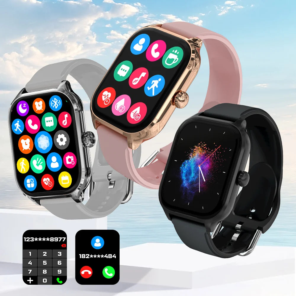 Three smartwatches with different designs and color options on a sky background.