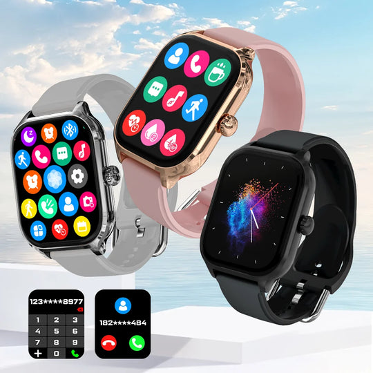 Three smartwatches with different designs and color options on a sky background.