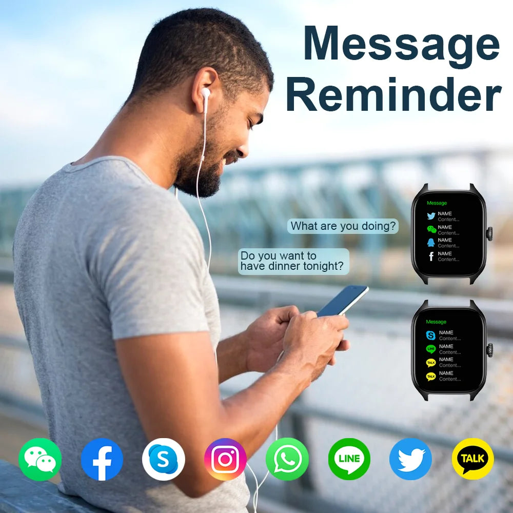Man using a smartphone with message reminders displayed on a smartwatch, outdoors.