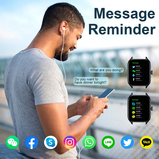 Man using a smartphone with message reminders displayed on a smartwatch, outdoors.