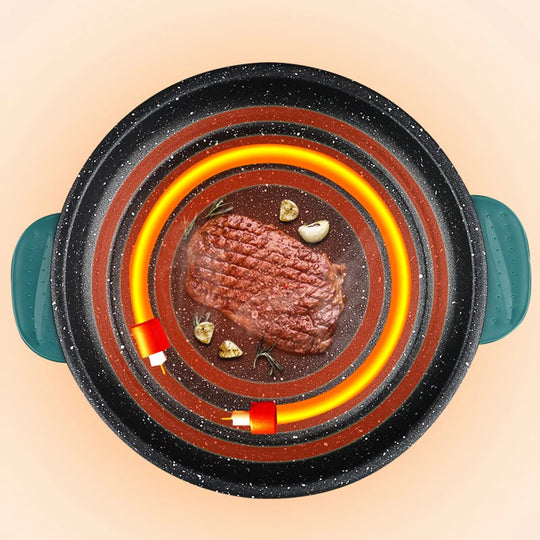 Hot pot with a piece of meat and vegetables on a beige background