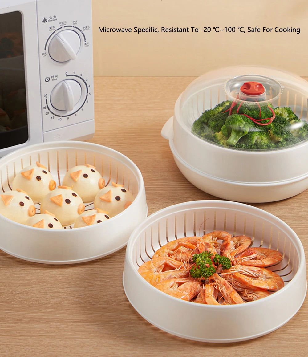 Three white steaming containers with food on a wooden surface, with a microwave in the background.