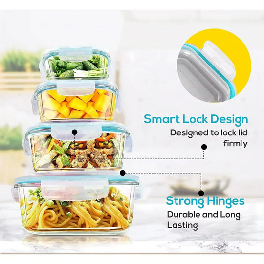 Stack of glass food containers with smart lock design and strong hinges, featuring images of food inside.