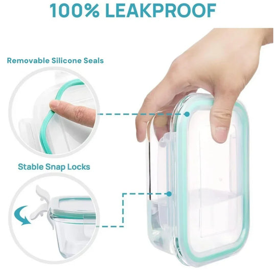 Leakproof container with removable silicone seals and stable snap locks, labeled '100% Leakproof'.