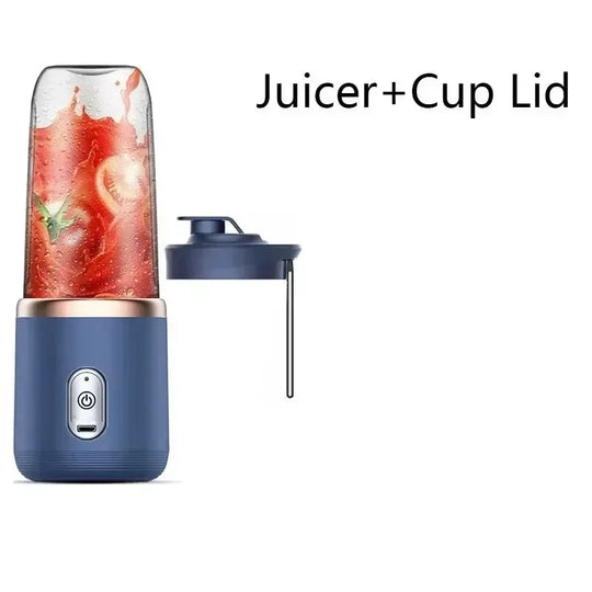 Blue portable juicer with a cup lid on a white background