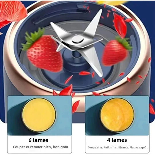 Blender blade with 6 and 4 blades shown, surrounded by strawberries and a smoothie.