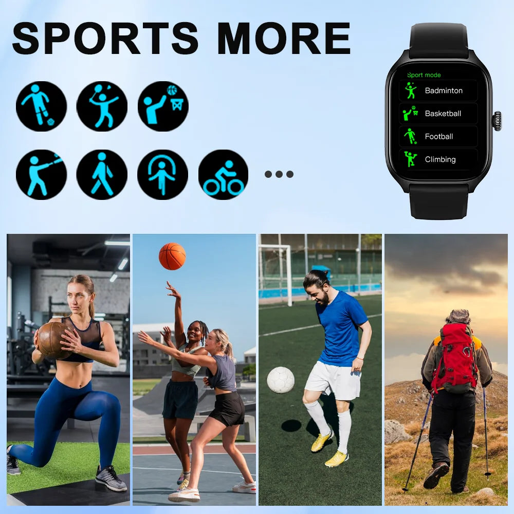 Smartwatch with sports tracking features and people engaging in various sports activities.