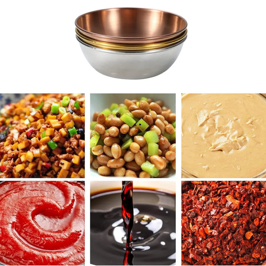 Set of three metal bowls with a collage of food items including rice, beans, peanut butter, ketchup, soy sauce, and chili flakes.