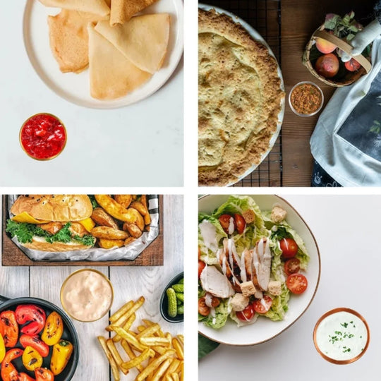 Collage of various food items including flatbread, salad, and fries on a table.