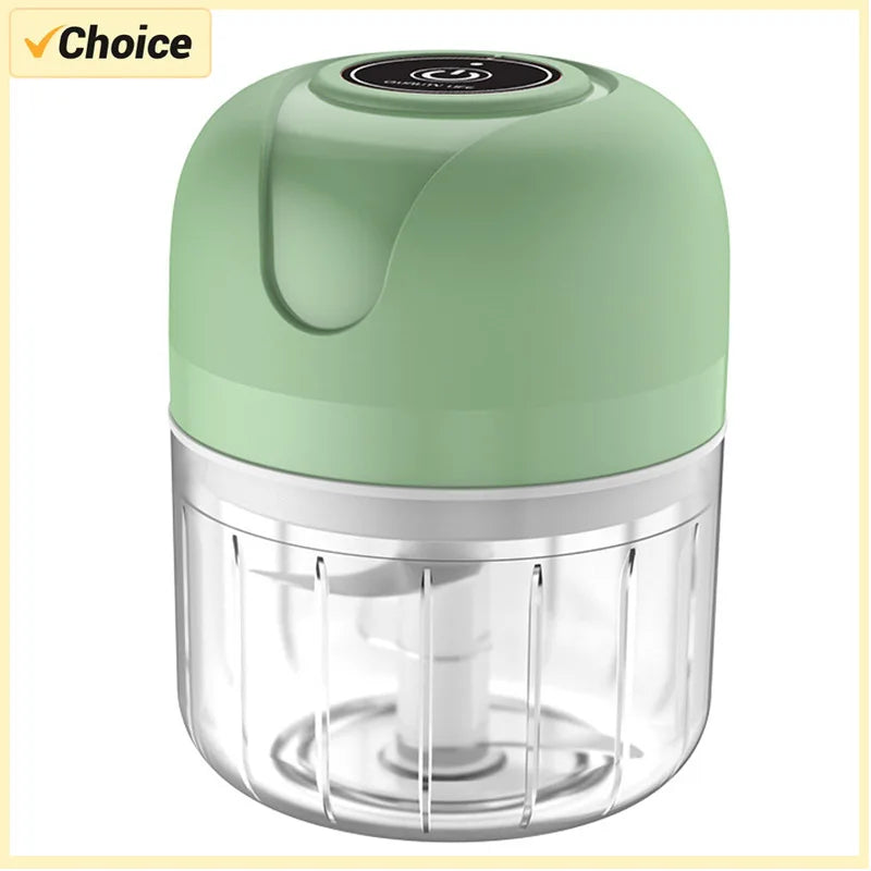 Green handheld food chopper on a white background