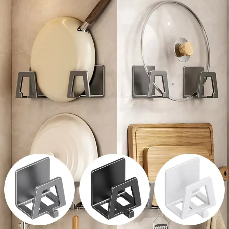 Wall-mounted kitchen organizer holding pots, pans, and lids with close-up insets of the holder in different colors.